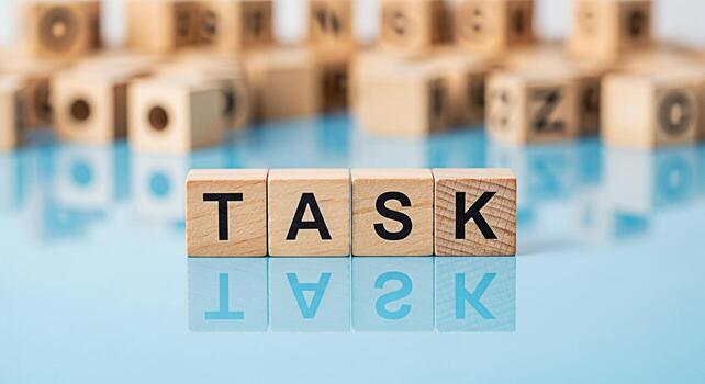 Wooden blocks spelling out TASK on a reflective blue surface surrounded by blurred alphabet blocks representing focus and the importance of completing assignments projects and responsibilities with cl photo