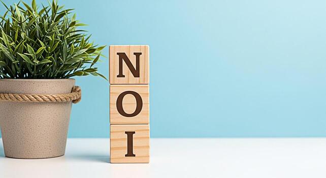 Wooden blocks spelling NOI on a white table next to a potted plant against a light blue background representing Net Operating Income and financial concepts in a clean modern setting photo