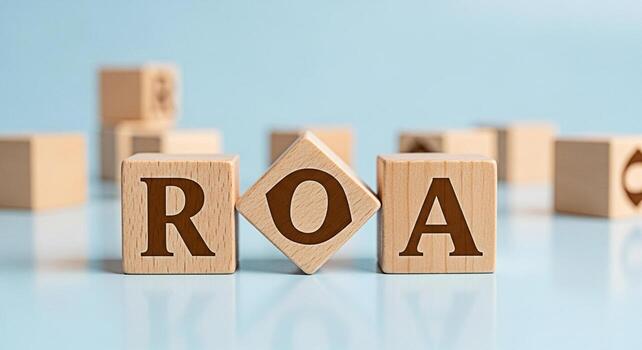 Wooden blocks spelling ROA on a reflective surface symbolizing Return on Assets in a financial setting conveying a message of investment strategy and business performance analysis photo