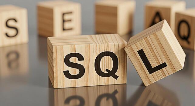 Wooden blocks spelling out SQL on a reflective surface representing database management and query language in a techfocused environment conveying a sense of structured information and data organizatio photo