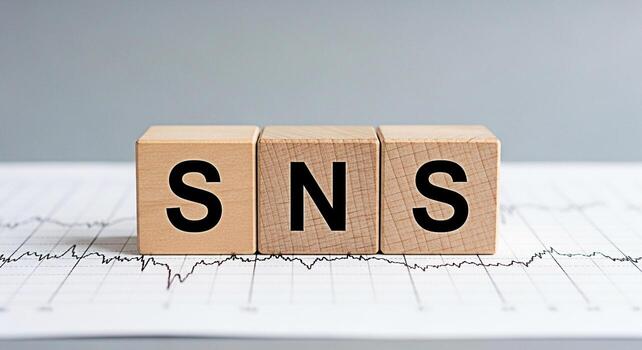 de madera bloques ortografía sns descansando en un financiero gráfico simbolizando social redes servicios y su impacto en mercado tendencias creando un concepto de digital Finanzas y inversión estrategia en un modo foto