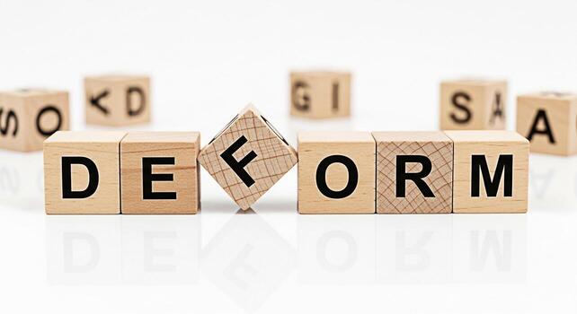 Wooden blocks spelling DEFORM on a white surface with one block tilted creating a visual representation of distortion and change symbolizing transformation and the concept of altering shapes or ideas photo