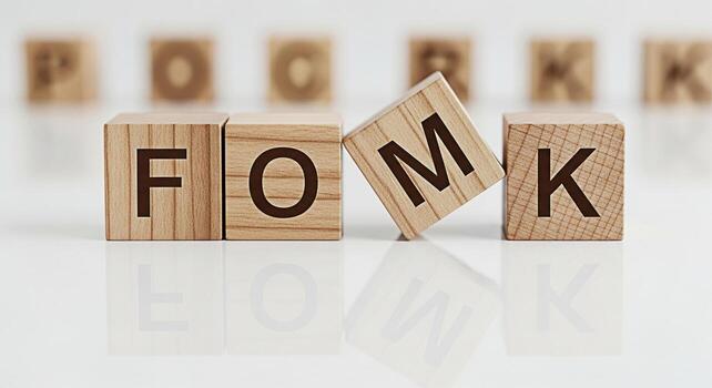 Wooden blocks spelling FOMO and OK on a white reflective surface representing the fear of missing out and acceptance conveying a message of balance and wellbeing in a minimalist setting photo