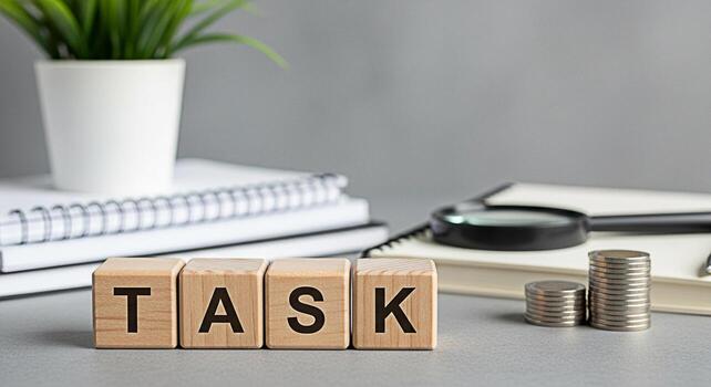 Wooden blocks spelling TASK sitting on a desk with notebooks coins and a magnifying glass representing focus productivity and the importance of completing assignments efficiently in a professional set photo