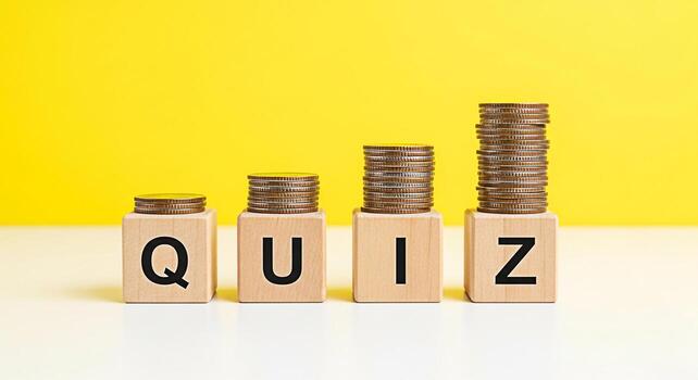 Stacks of coins increasing on wooden blocks spelling QUIZ against a bright yellow background representing financial knowledge and growth suggesting a fun and engaging way to learn about money matters photo