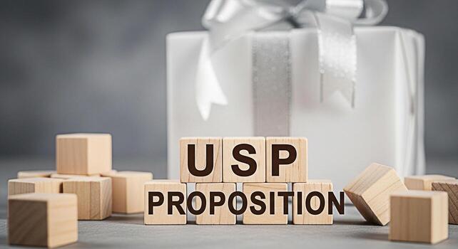 Wooden blocks spelling USP Proposition in a studio setting with a gift box showcasing a unique selling point and value proposition for business success and marketing strategy conveying a message of in photo