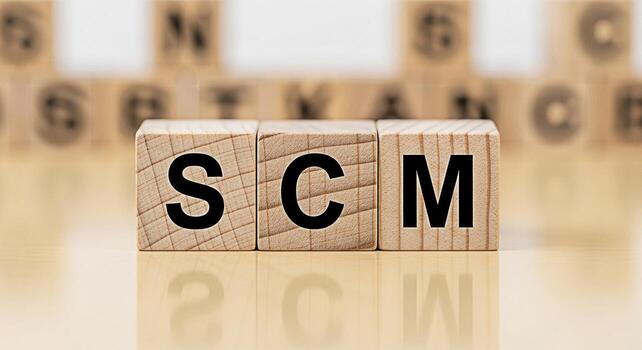 Wooden blocks displaying SCM on a reflective surface symbolizing Supply Chain Management in a business environment conveying efficiency and strategic planning for logistics and operations photo
