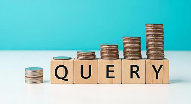 Stacks of coins growing on wooden blocks spelling QUERY against a blue background representing search query optimization and increased website traffic conveying a sense of growth and financial success photo