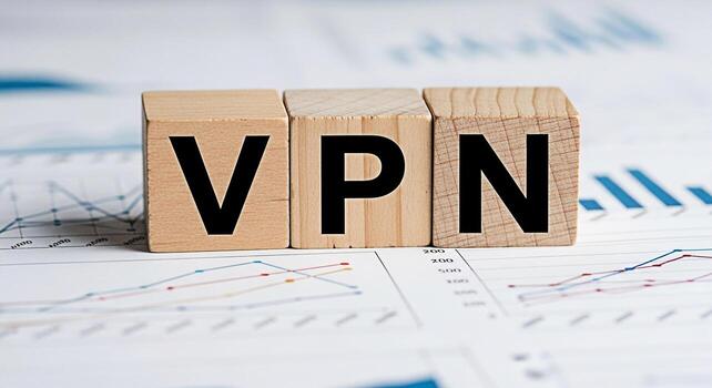 Wooden blocks spelling VPN on a financial report representing secure network connection and data privacy symbolizing cybersecurity and online protection in a business environment photo