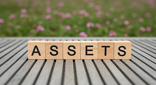 Wooden blocks spelling ASSETS on a wooden surface in a garden setting representing financial security investment and the importance of managing resources for a prosperous future photo