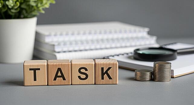 Wooden blocks spelling TASK on a gray desk with notebooks coins and a magnifying glass representing focus and productivity in a business or academic setting conveying a sense of organization and achie photo