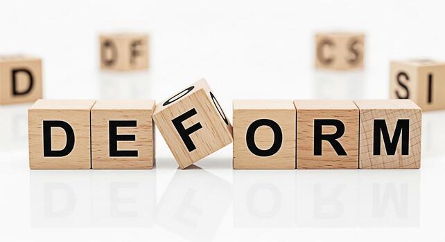 Wooden blocks spelling DEFORM on a white surface with the F block tilting representing distortion and change conveying a concept of transformation and instability in a clean minimalist environment photo