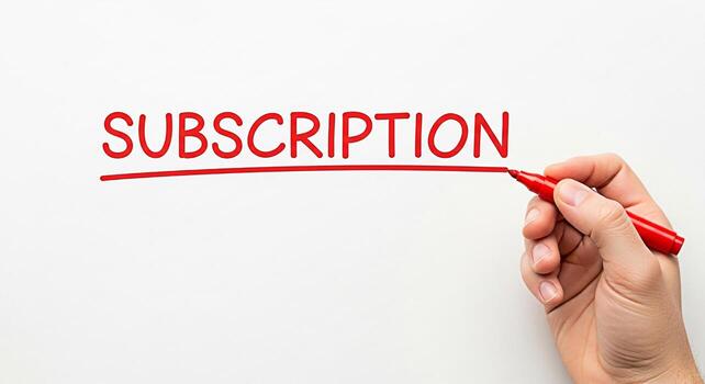 Hand underlining the word Subscription in red marker on a clean white background symbolizing commitment recurring revenue and the importance of customer loyalty in a subscriptionbased business model photo