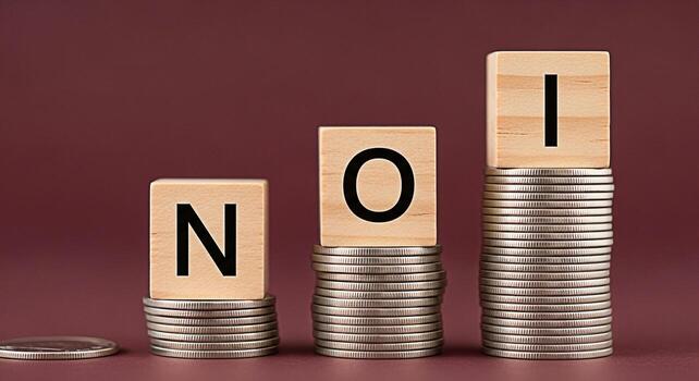 Wooden blocks displaying NOI on stacks of coins symbolizing increasing income and financial growth in a businessoriented environment representing investment and return on investment with a focus on po photo