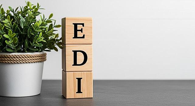 Wooden blocks displaying EDI abbreviation next to a potted plant on a gray surface in a bright room representing Electronic Data Interchange and modern business communication conveying efficiency and photo