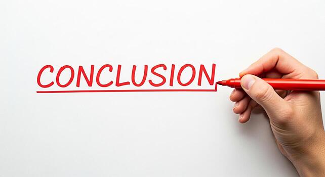 Hand writing the word Conclusion with a red marker on a white surface symbolizing the final step and the end of a process conveying a sense of completion and resolution in a clean minimalist setting photo