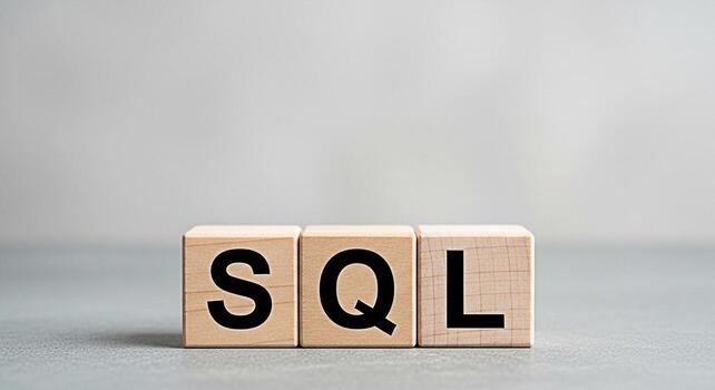 Wooden blocks displaying the letters SQL on a gray surface representing structured query language database management and data manipulation conveying a sense of clarity and organization in data photo