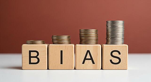 Wooden blocks spelling BIAS display unequal stacks of coins representing financial inequality and prejudice in a conceptual studio setting highlighting the unfair distribution of wealth and opportunit photo