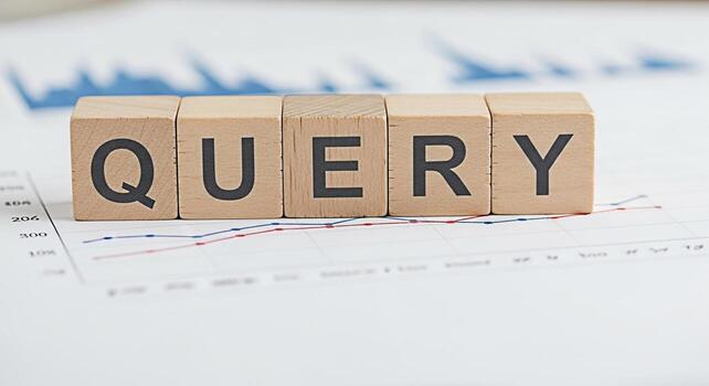 Wooden blocks spelling QUERY resting on a financial chart representing data analysis market research and the importance of asking the right questions for strategic business decisions and insights photo