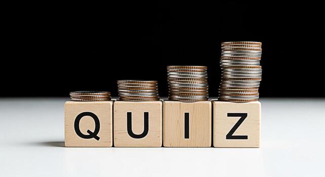 Stacks of coins growing on wooden blocks spelling QUIZ in a studio setting representing financial literacy and the concept of testing knowledge for monetary gain and investment acumen photo