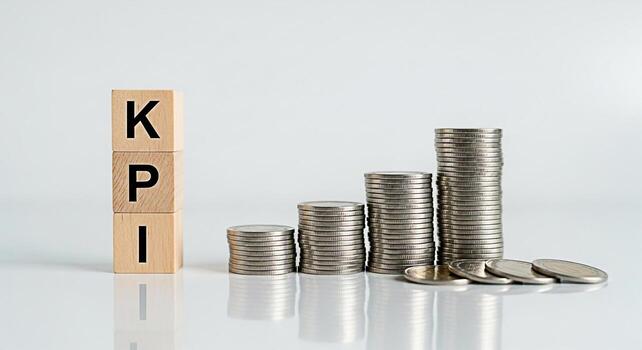 Wooden blocks displaying KPI next to stacks of coins on a white surface representing growth and success in business showcasing key performance indicators and financial progress in a clean and modern s photo