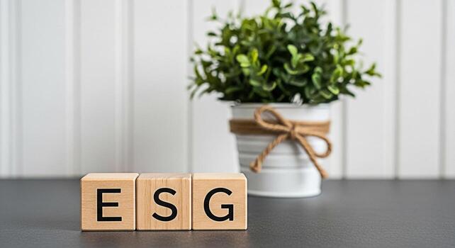 Wooden blocks displaying ESG principles on a sleek table complemented by a decorative plant against a bright white wall symbolizing sustainable business practices and environmental responsibility photo