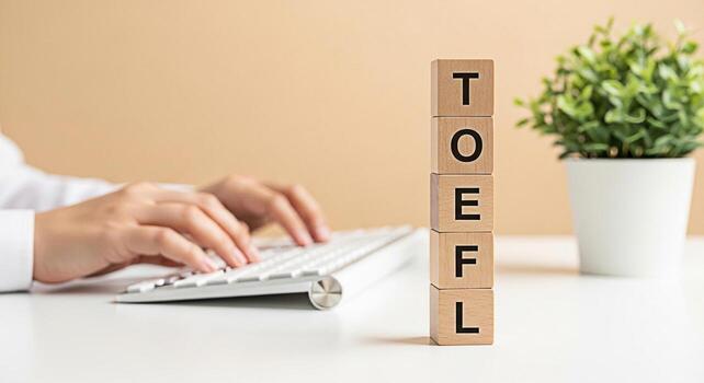 Focused student typing on a keyboard in a bright study room with TOEFL wooden blocks symbolizing preparation and dedication to achieving a high score on the Test of English as a Foreign Language photo