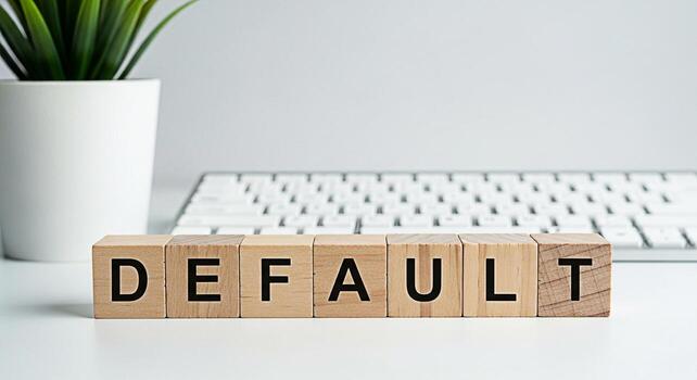 Wooden blocks spelling DEFAULT on a white desk in a modern office setting symbolizing financial risk and the potential for economic downturn creating a sense of uncertainty and caution in business photo