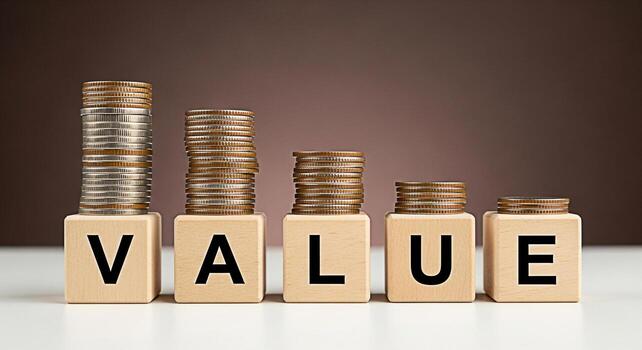 Stacks of coins decreasing in height on wooden blocks spelling VALUE in a studio setting representing financial loss investment risk and the erosion of value in a challenging economic climate photo