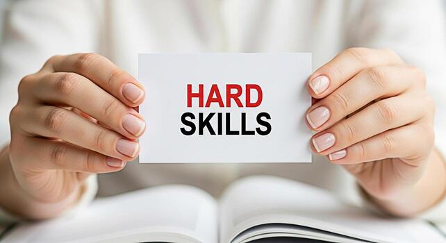 Woman displaying a card with Hard Skills text in a bright clean environment emphasizing the importance of technical proficiency and career development with a focus on professional growth and expertise photo