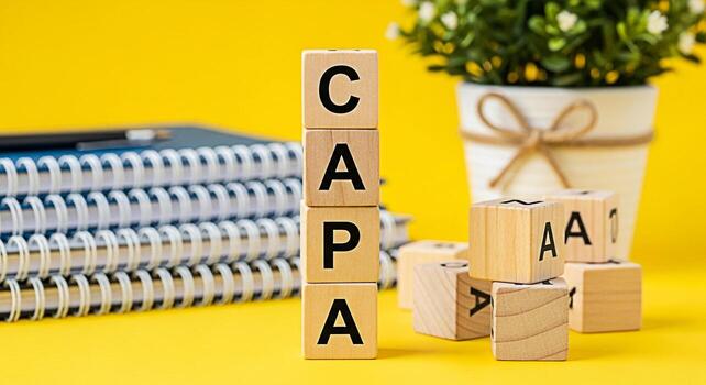 Wooden blocks spelling CAPA standing on a yellow desk with notebooks and a potted plant representing corrective action and preventative action for quality control and continuous improvement photo