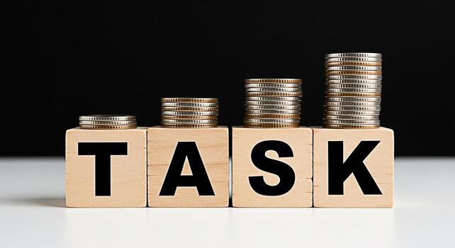 Stacks of coins increasing on wooden blocks spelling TASK against a dark background representing financial growth business objectives and the successful completion of goals with a positive outlook photo