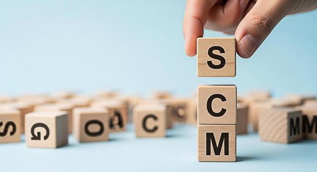 Hand arranging wooden blocks with the letters S C and M on a light blue surface representing supply chain management and strategic business operations for efficiency and optimization photo
