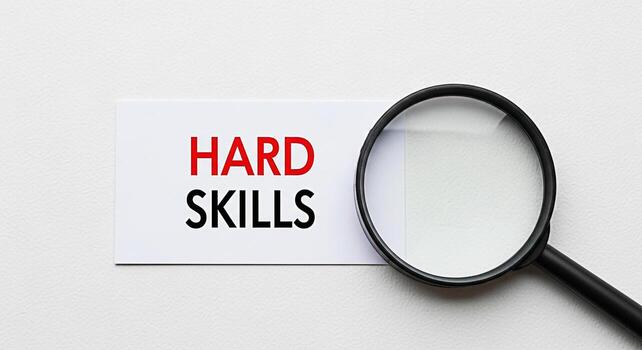 Magnifying glass inspecting a card with the words Hard Skills on a white textured background emphasizing the importance of technical abilities and professional development in career advancement photo