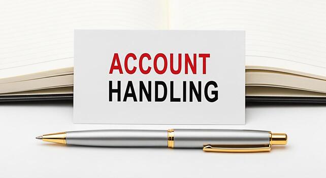 Account handling message displayed on a white card with a pen in a bright studio setting representing financial management and professional business solutions for accounting and customer relationship photo
