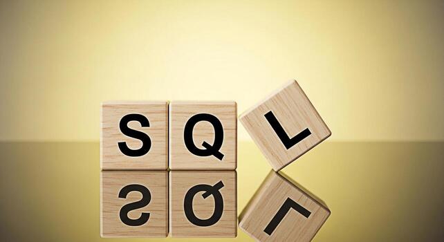 Wooden blocks spelling SQL on a reflective surface representing database query language in a studio setting conveying a concept of data management and structured information retrieval photo