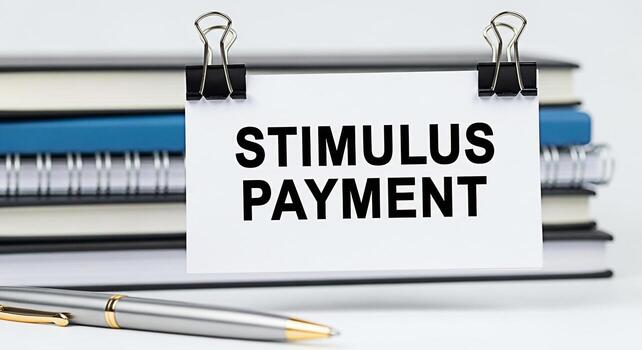 estímulo pago mensaje desplegado en un blanco tarjeta cortado a un apilar de cuadernos en un brillante neutral oficina ajuste representando financiero alivio y económico apoyo durante desafiante veces foto