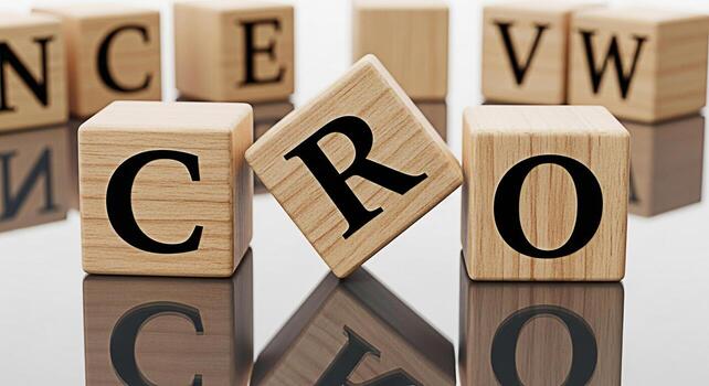 Wooden blocks spelling CRO on a reflective surface symbolizing conversion rate optimization with other blocks showing letters conveying a message of business growth and digital marketing strategy in a photo