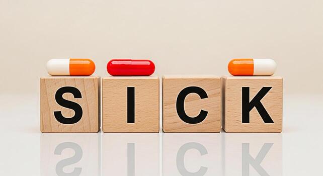 Closeup of wooden blocks spelling SICK each topped with a different colored capsule pill symbolizing illness and the need for medication in a clean minimalist setting conveying a message of healthcare photo
