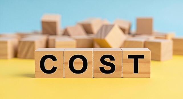 Wooden blocks spelling COST on a vibrant yellow surface symbolizing financial considerations and expense management set against a blurred background of additional blocks creating a sense of depth and photo
