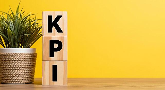 Wooden blocks displaying KPI in a bright studio setting symbolizing key performance indicators and business success with a vibrant yellow background and a potted plant for a touch of nature and growth photo