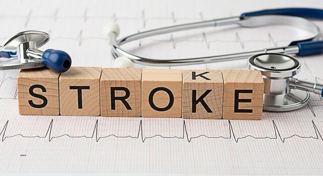 Wooden blocks spelling STROKE with a stethoscope resting on an EKG graph emphasizing the importance of early detection and prevention in a clinical setting conveying a message of health awareness and photo
