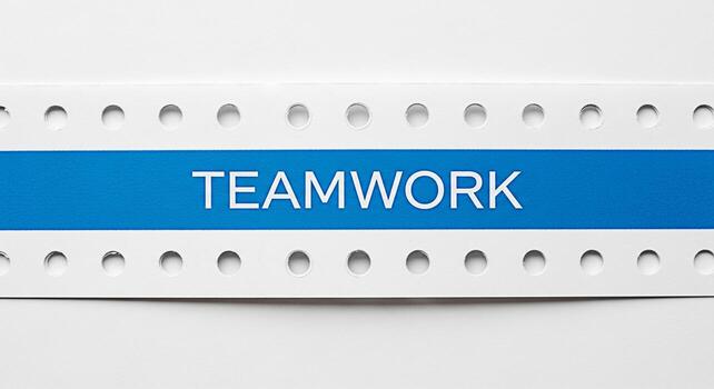 The word Teamwork displayed on a blue banner with perforated edges symbolizing collaboration and unity in a corporate environment fostering a sense of partnership and shared success for business growt photo