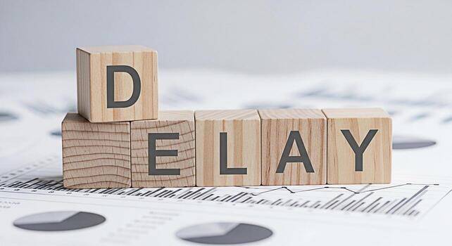 Wooden blocks spelling DELAY resting on financial charts symbolizing project postponement and business disruption creating a sense of uncertainty and the need for strategic adjustments in a corporate photo