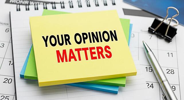 Stack of vibrant sticky notes displaying Your Opinion Matters on a calendar emphasizing the importance of feedback and customer satisfaction in a business environment fostering a culture of value and photo