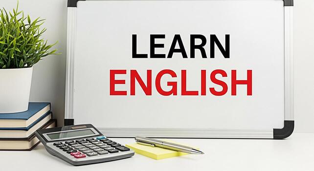 educativo preparar presentando un pizarron mostrando aprender Inglés en negrita letras rodeado por libros un calculadora y un bolígrafo creando un aprendizaje ambiente ese inspira conocimiento y académico éxito foto