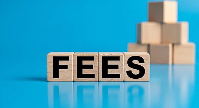 Wooden blocks spelling out FEES on a bright blue reflective surface with a pyramid of blocks in the background representing costs expenses and financial obligations in a clear and concise manner photo