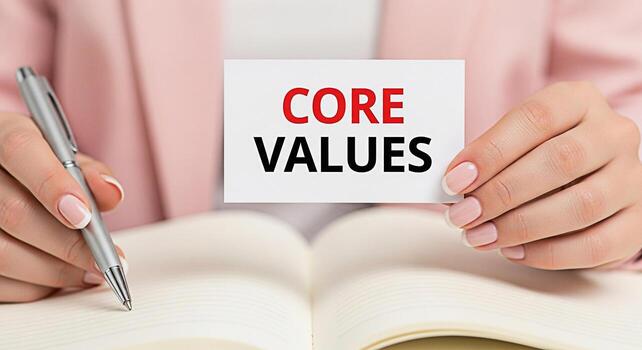 Elegant woman in a pink blazer holding a card with the words Core Values while sitting at a desk with an open notebook emphasizing the importance of ethics and principles in business and personal life photo