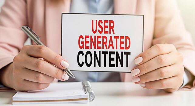 Elegant woman in a bright office setting holding a sign that reads User Generated Content while taking notes in a notebook conveying a sense of professionalism and engagement in digital marketing stra photo