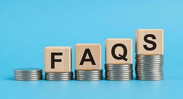 Wooden blocks spelling FAQs are stacked on piles of coins against a blue background representing frequently asked questions about finance investment and money management with a clear and informative c photo